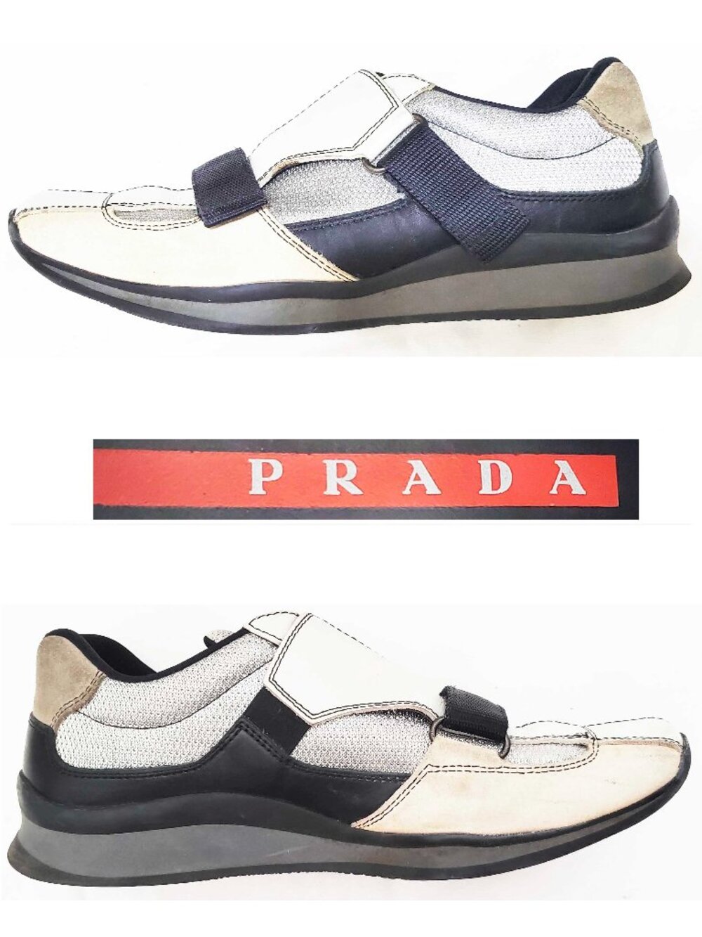 Prada Vintage Mens Leather Mesh Velcro Strap Low Top Sneakers Shoes 8.5